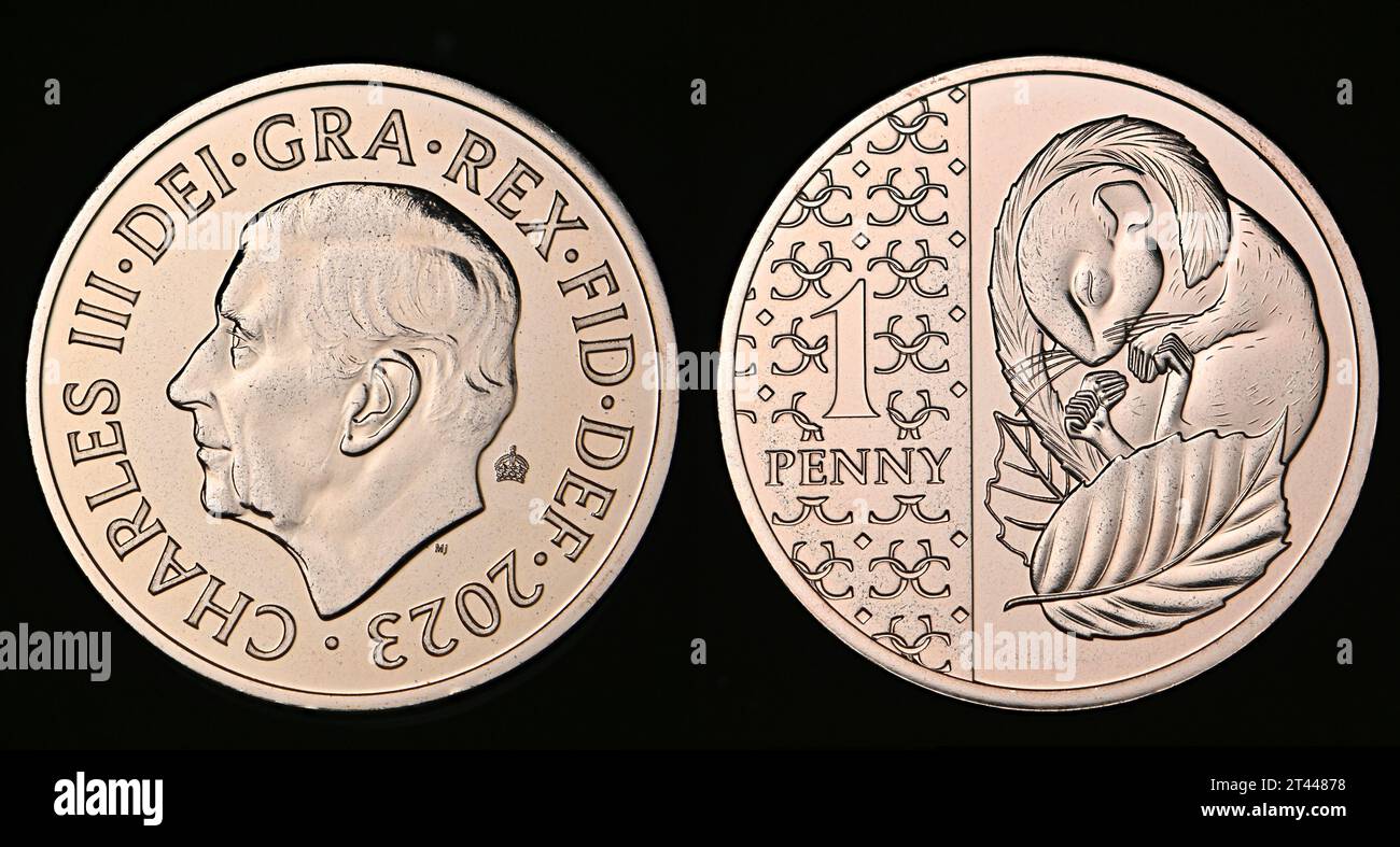 Première pièce définitive de 1p représentant le roi Charles III, émise en 2023.dormouse Banque D'Images