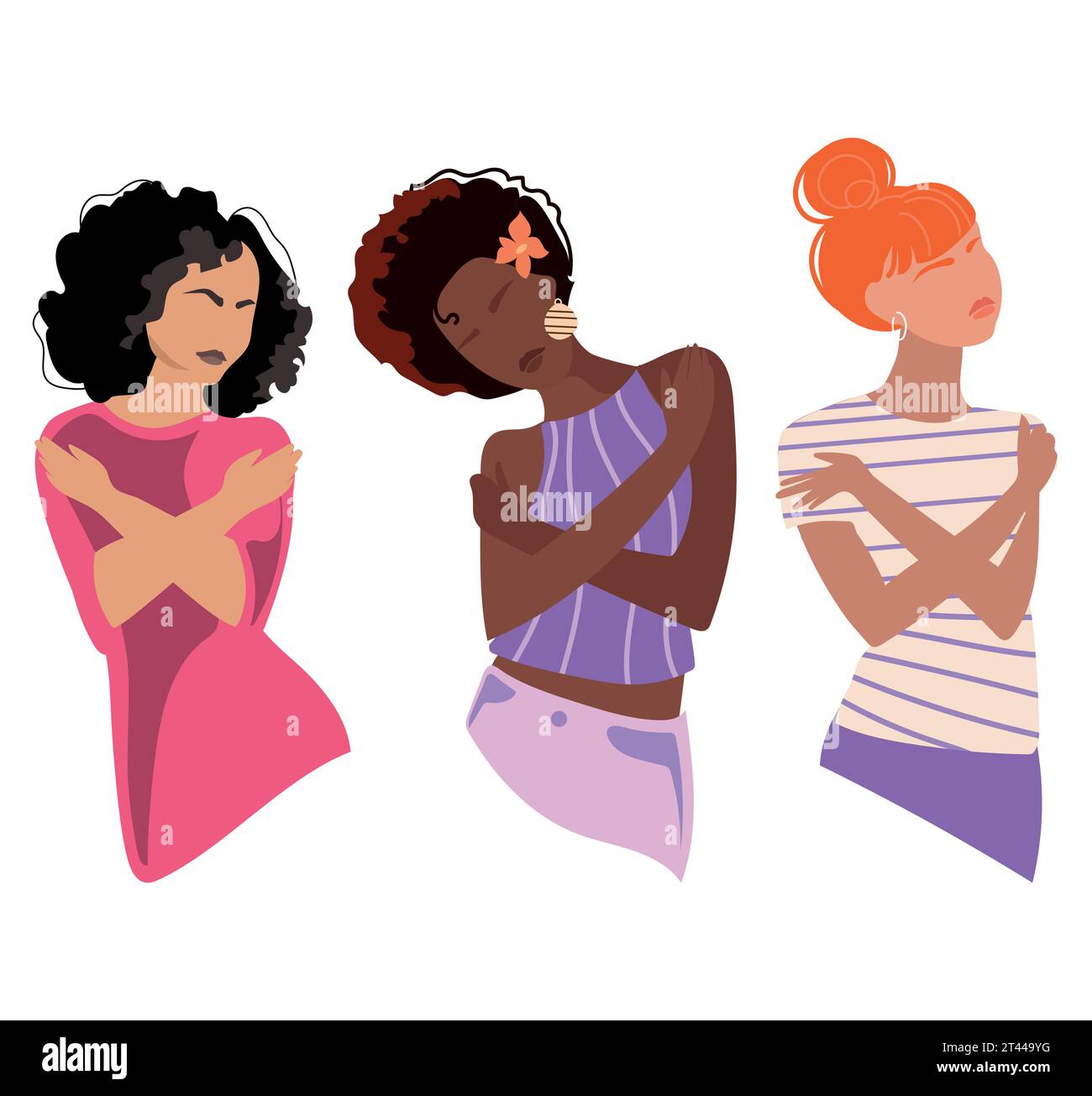 La personne féminine de nationalité différente se serre elle-même.embrasser l'équité et l'amour-même concept.Journée internationale des femmes 2023.Vector illustration Set Illustration de Vecteur