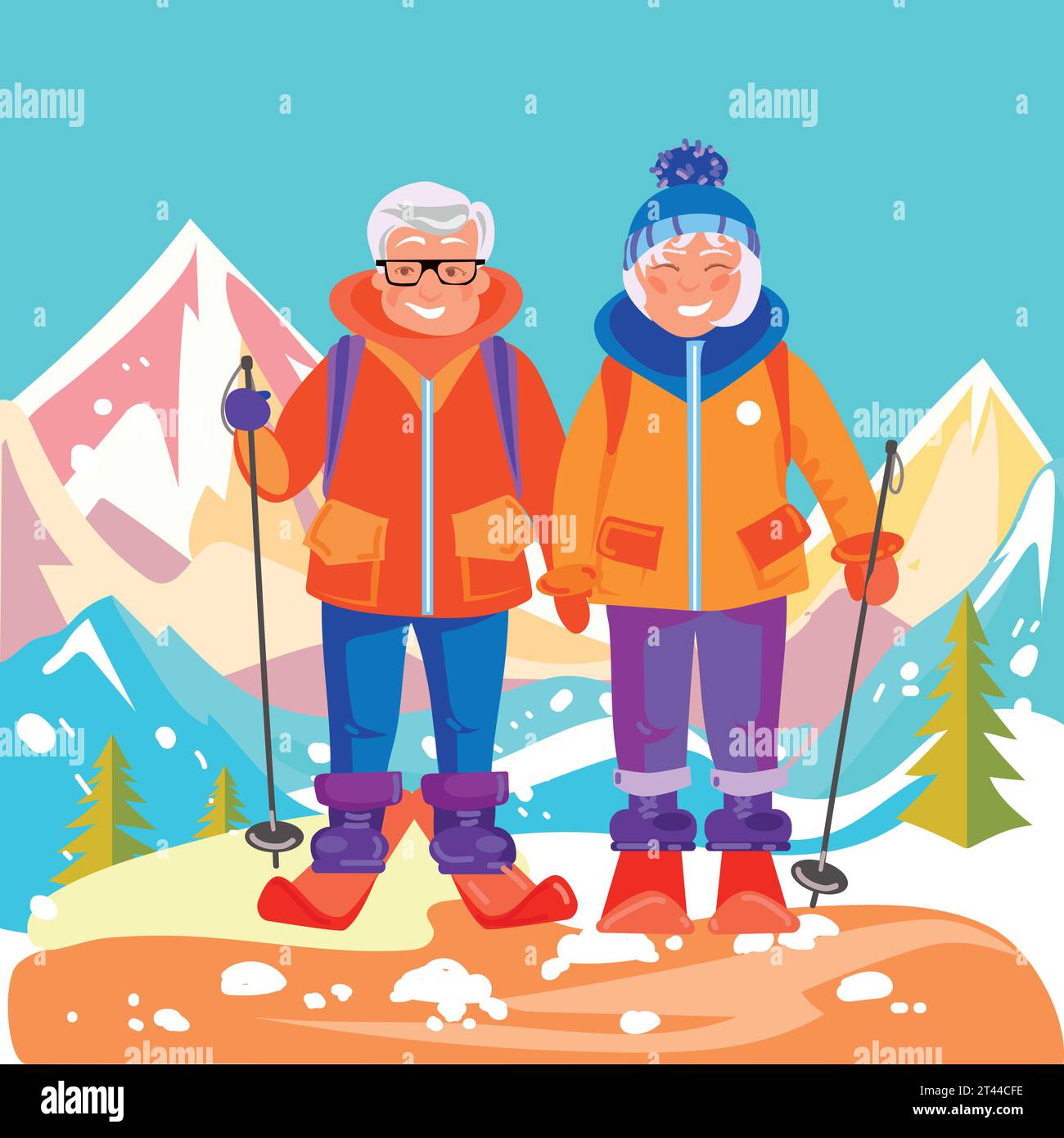 Couple mature actif skier et voyager dans une station d'hiver. Illustration plate vectorielle avec paysage de montagnes. Homme et femme âgés appréciant la physique Illustration de Vecteur