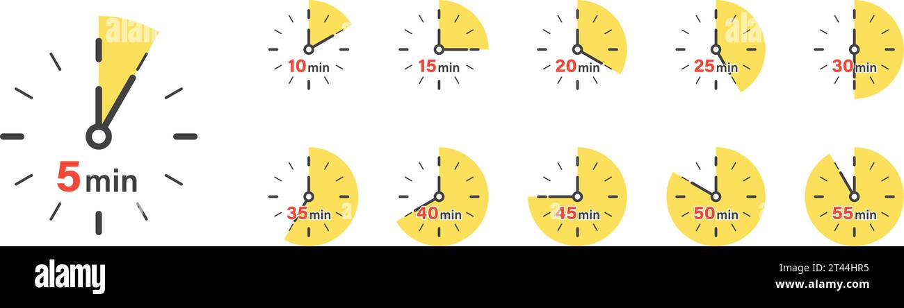 De 5 minutes à 55 minutes sur icône chronomètre dans un style plat. Illustration vectorielle de minuterie de cadran d'horloge sur fond isolé. Signe de compte à rebours, con Illustration de Vecteur