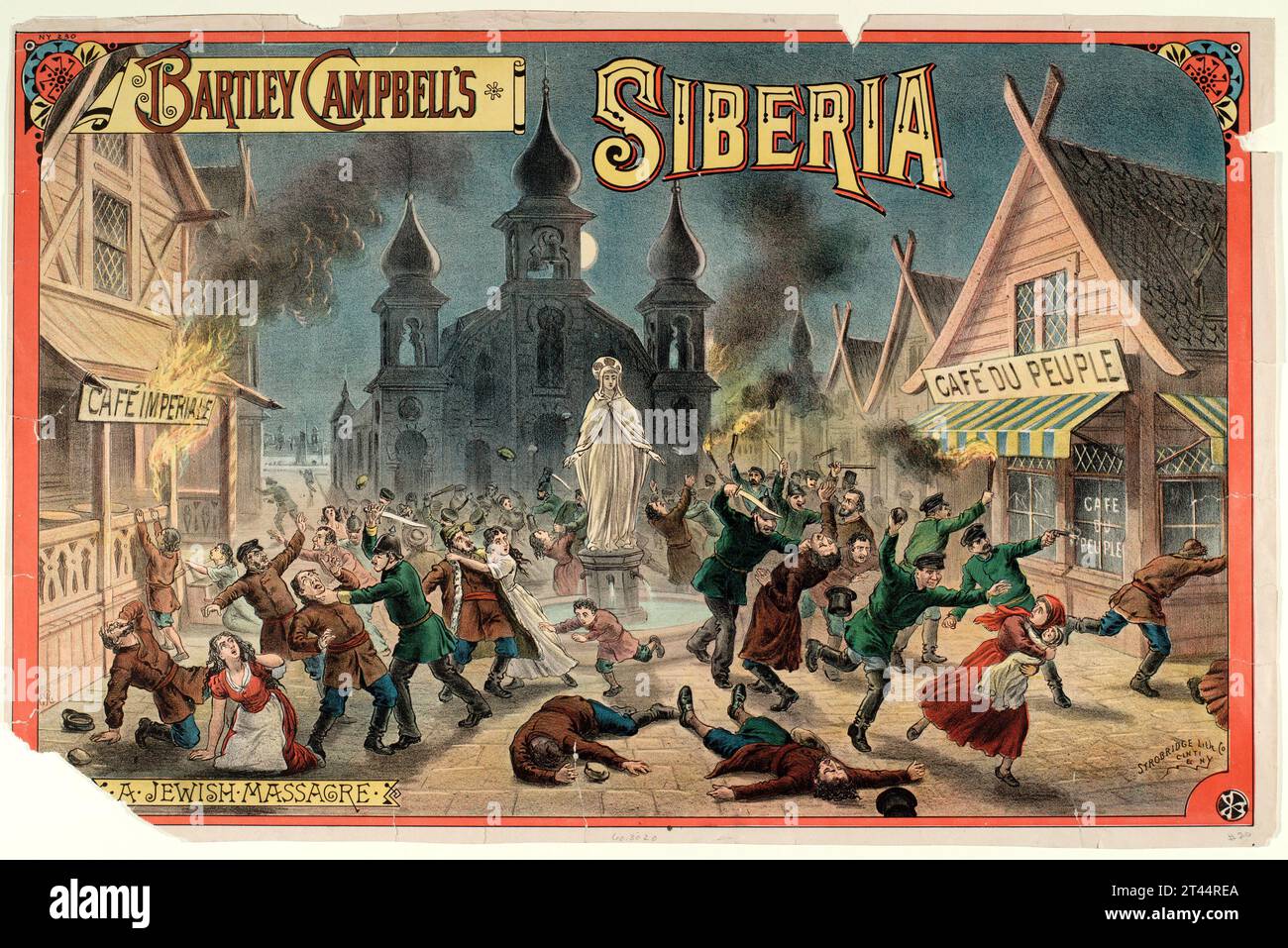 Chromolithographie du dix-neuvième siècle annonçant la Sibérie d'Un massacre juif de Bartley Campbell. Le drame a fait une tournée en Angleterre, en Australie et en Nouvelle-Zélande représentant des scènes d'émeutes anti-juives balayant la Russie dans les années 1880 Banque D'Images