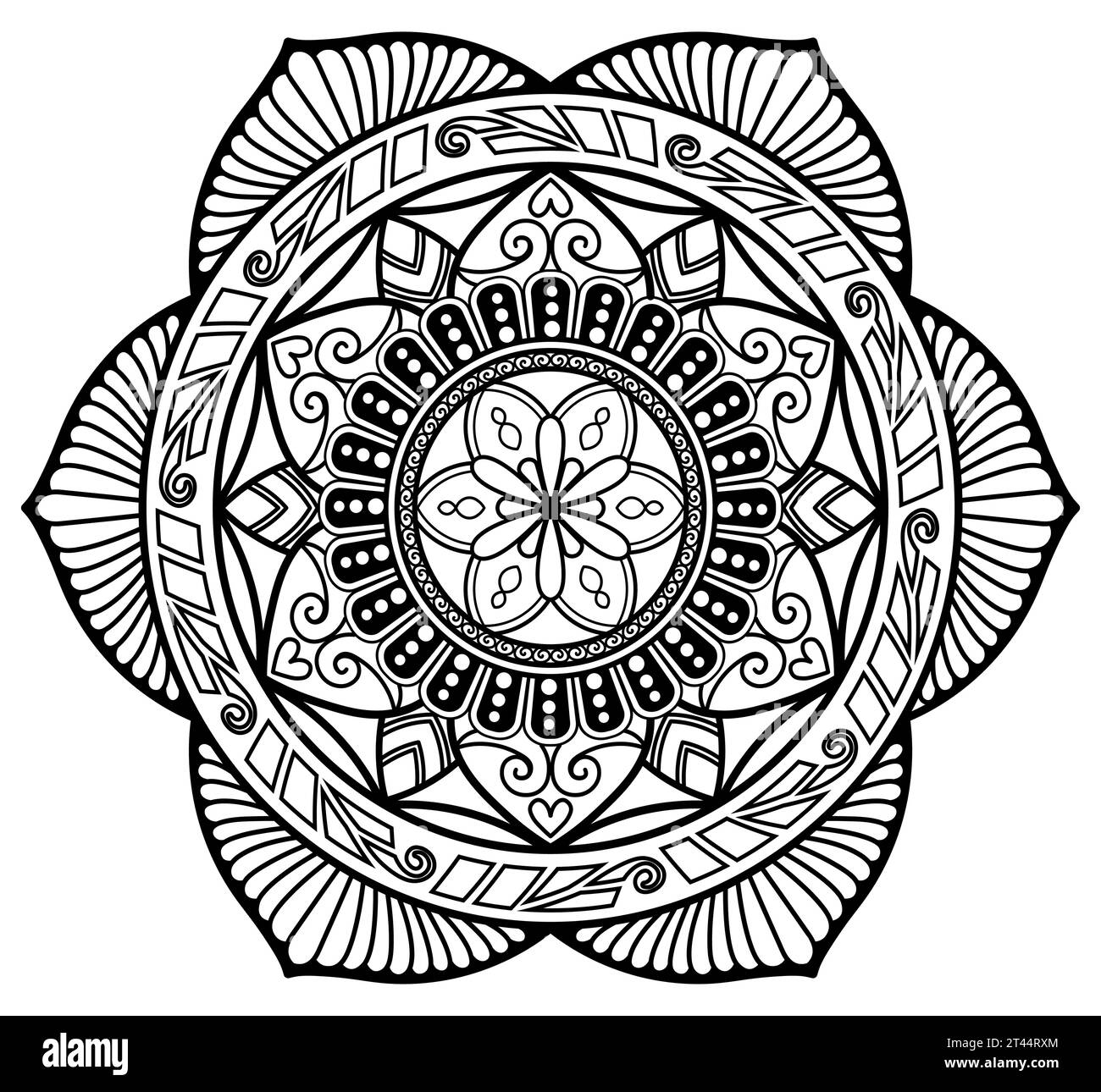 Motif floral mandala dans le contour noir sur fond blanc Illustration de Vecteur