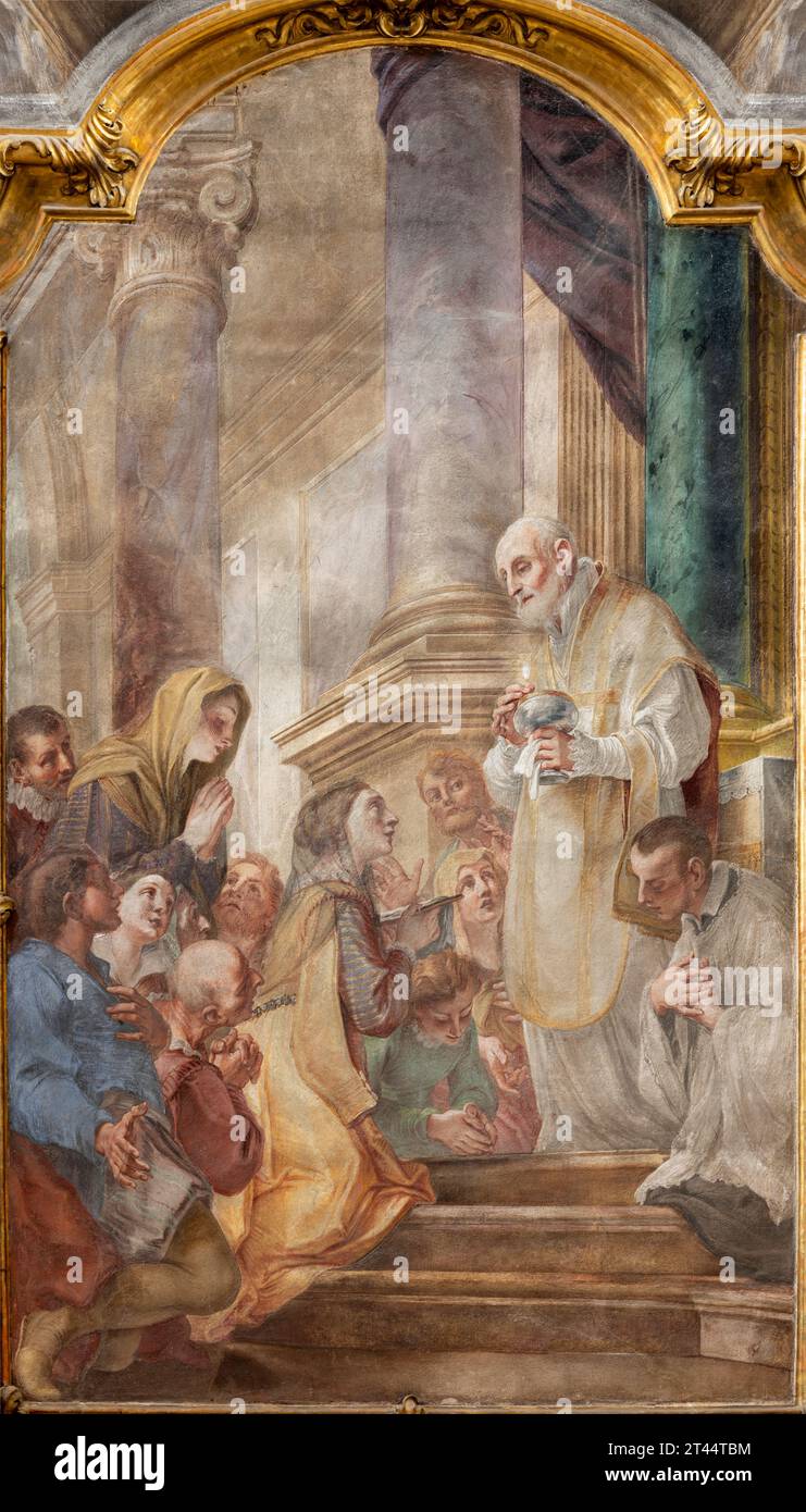 GÊNES, ITALIE - 8 MARS 2023 : la fresque de Saint Philippe Neri à la sainte communion dans l'église Chiesa di san Filippo Neri Banque D'Images