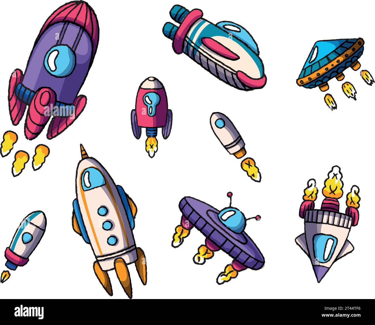 Transport dans l'espace, roquettes, transport extraterrestre. Graphiques vectoriels pour enfants, espace. Illustration de Vecteur