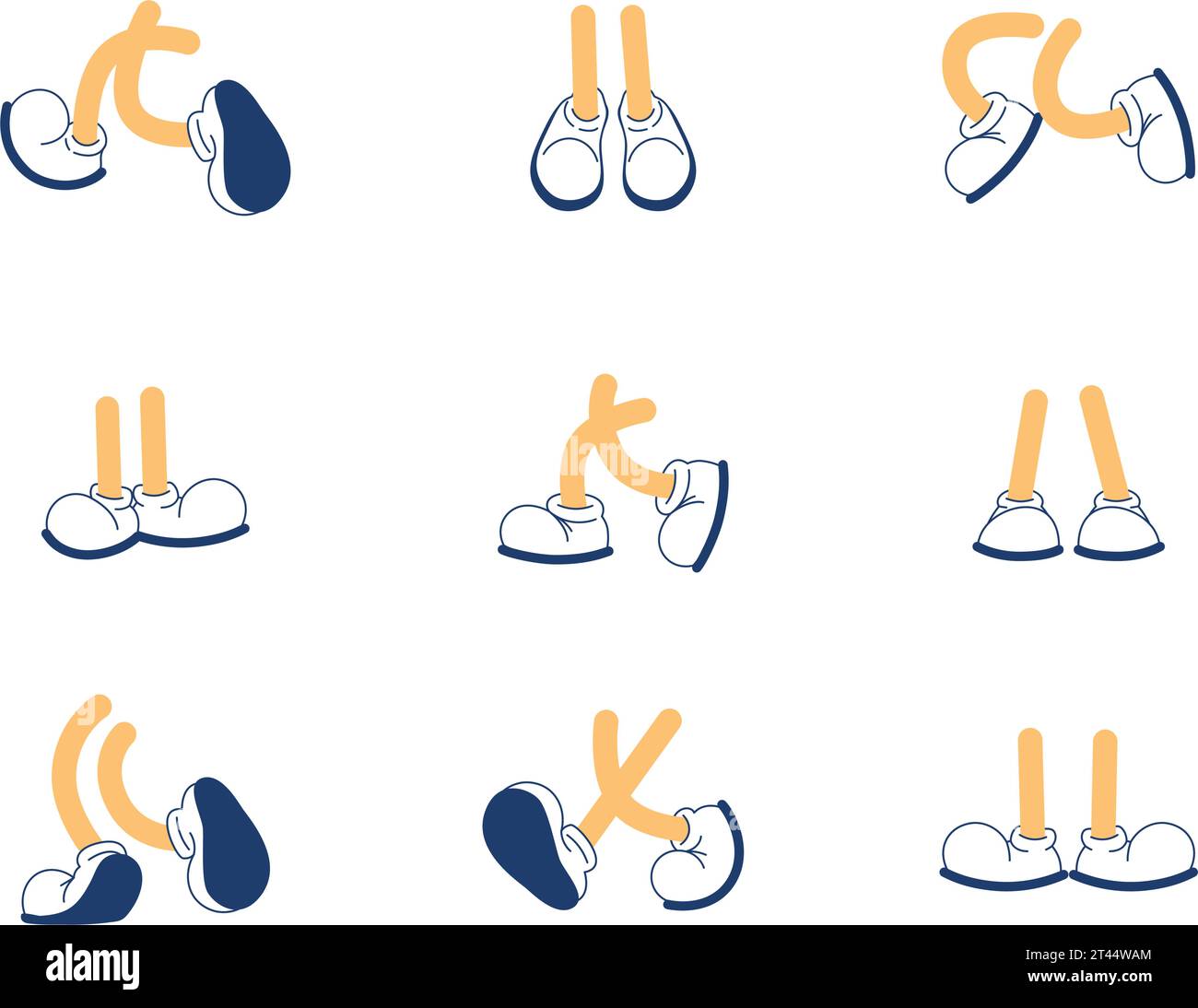 Ensemble de pieds de dessin animé dans des chaussures. Style Retor. Jeu de vecteurs. Chaussures isolées, mouvements de pas. Illustration de Vecteur