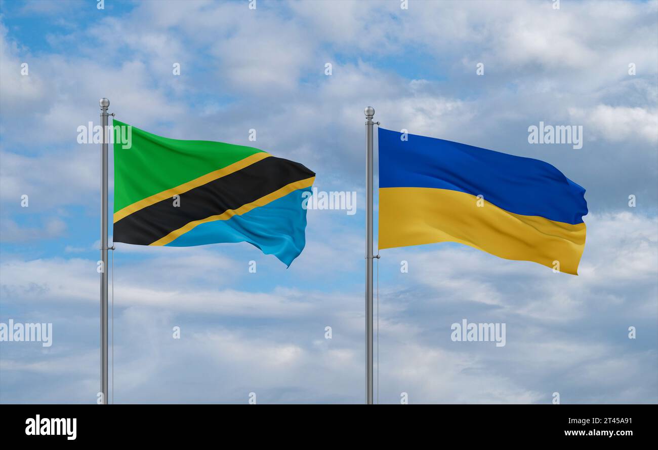 Drapeaux de l'Ukraine et de la Tanzanie agitant ensemble dans le vent sur un ciel nuageux bleu, concept de relation entre deux pays Banque D'Images