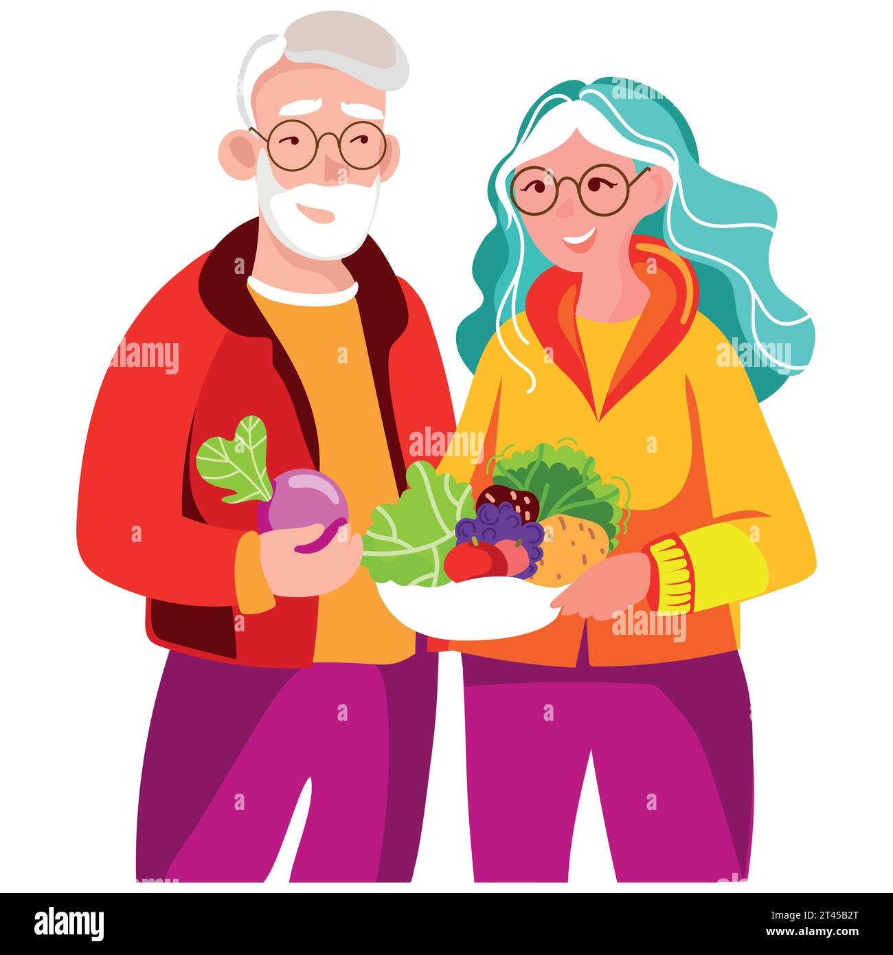 Couple végétalien âgé moderne tenant des légumes frais et des fruits dans leurs mains illustration vectorielle.alimentation saine pour les seniors.Senior homme et femme Wit Illustration de Vecteur