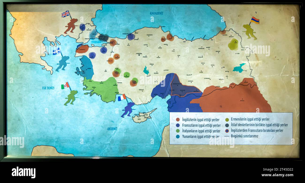 La carte montrant l'occupation de la Turquie par la France, l'Italie, l'Arménie, l'Angleterre et la Grèce pendant la guerre mondiale 1 - guerre d'indépendance turque. Musée Gaziantep Banque D'Images