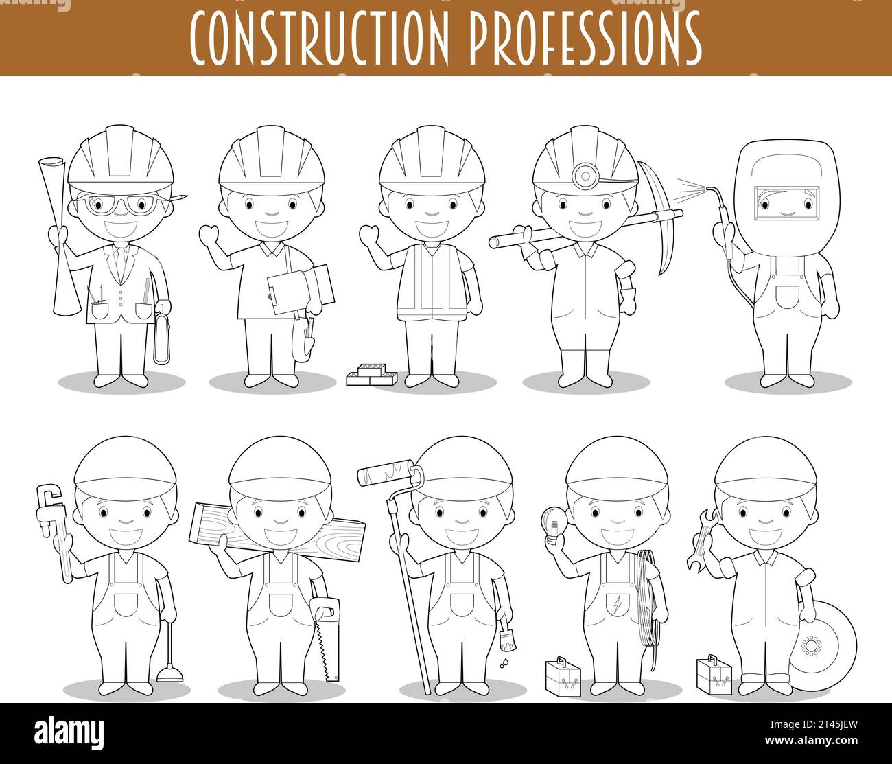 Ensemble vectoriel de professions de la construction pour la coloration dans le style de bande dessinée. Illustration de Vecteur