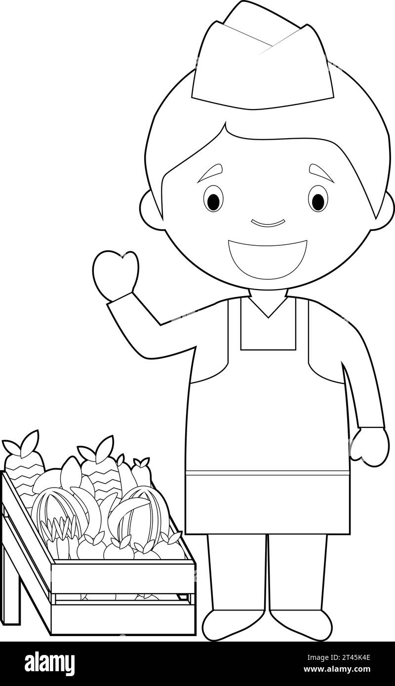 Illustration vectorielle de dessin animé facile à colorier d'un vendeur de fruits. Illustration de Vecteur