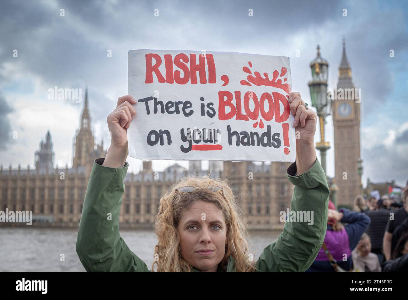 Londres, Angleterre, Royaume-Uni. 28 Oct, 2023 Femme tenant le signe de protestation Rishi il y a du sang sur vos mains avec le Parlement en arrière-plan © horst Friedrichs crédit : horst friedrichs/Alamy Live News Banque D'Images