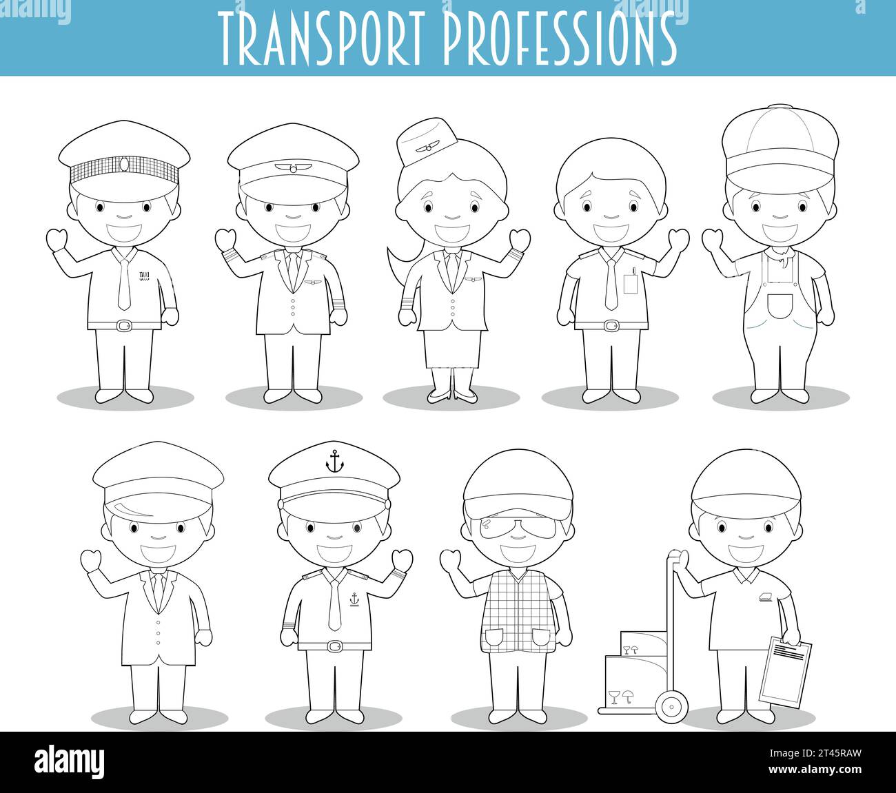 Ensemble vectoriel de professions de transport pour la coloration dans le style de bande dessinée. Illustration de Vecteur