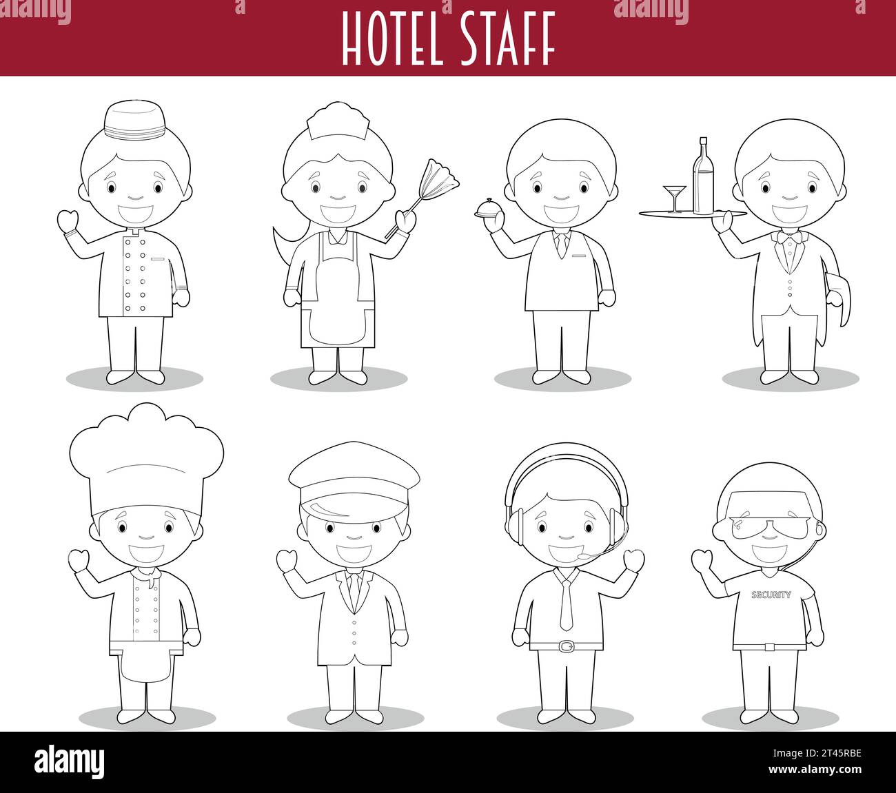 Ensemble vectoriel de professions du personnel d'hôtel pour la coloration dans le style de bande dessinée. Illustration de Vecteur