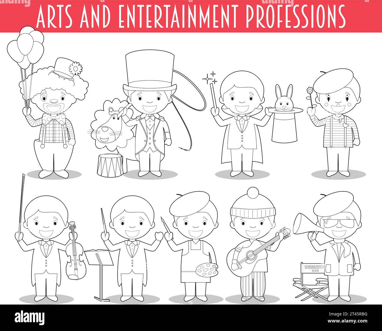 Ensemble vectoriel de professions d'arts et de divertissement pour colorier dans le style de bande dessinée. Illustration de Vecteur