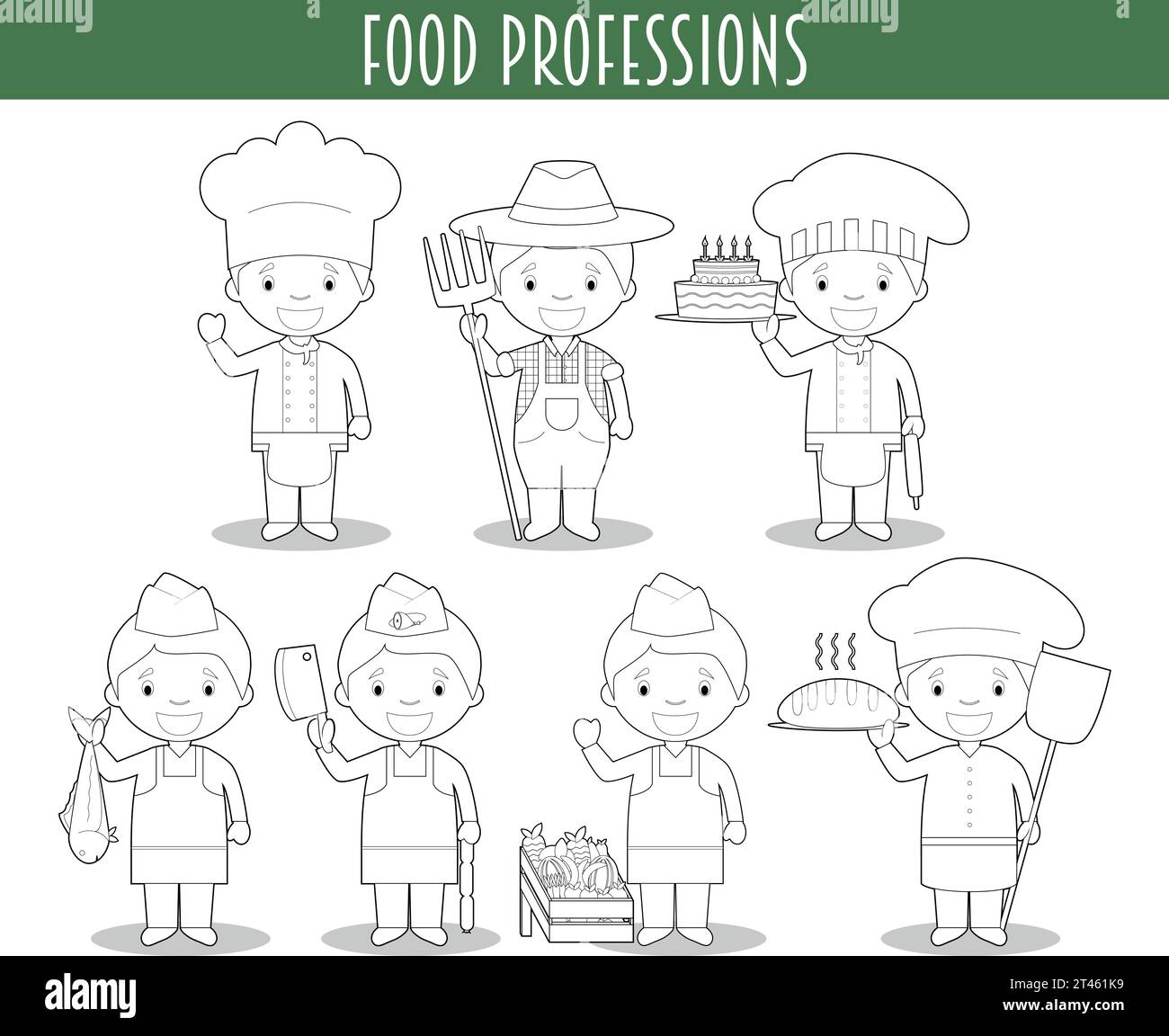 Ensemble vectoriel de professions de l'industrie alimentaire pour la coloration dans le style de bande dessinée. Illustration de Vecteur