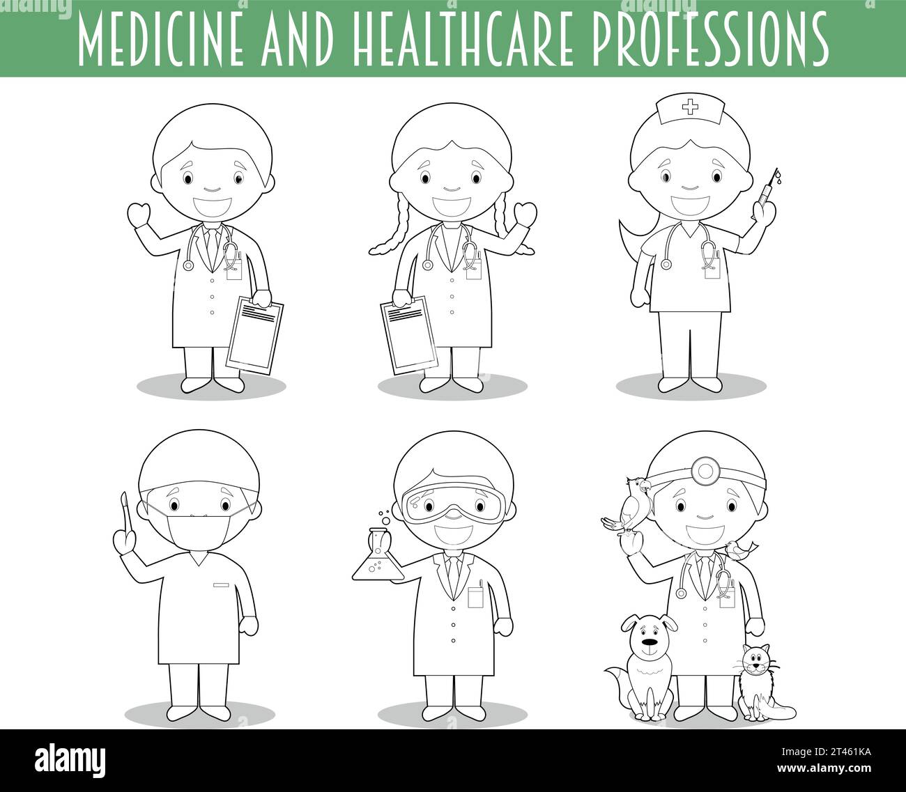Ensemble vectoriel de professions de médecine et de soins de santé pour la coloration dans le style de bande dessinée. Illustration de Vecteur