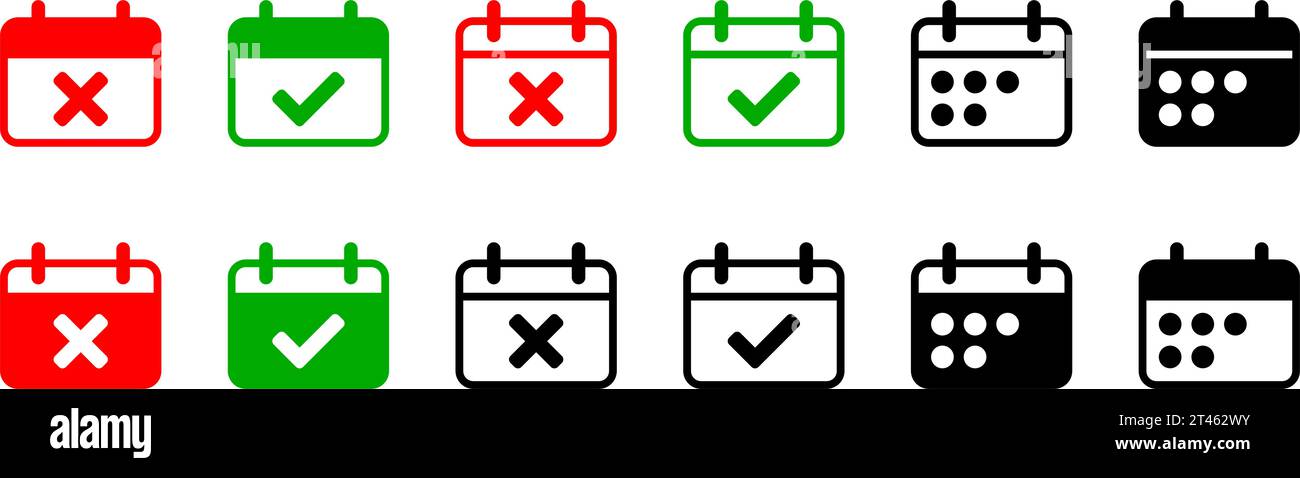 Simple Vert Rouge Noir et blanc Calendrier heure rendez-vous annulé et confirmé icône avec croix X et coche symbole. Image vectorielle. Illustration de Vecteur