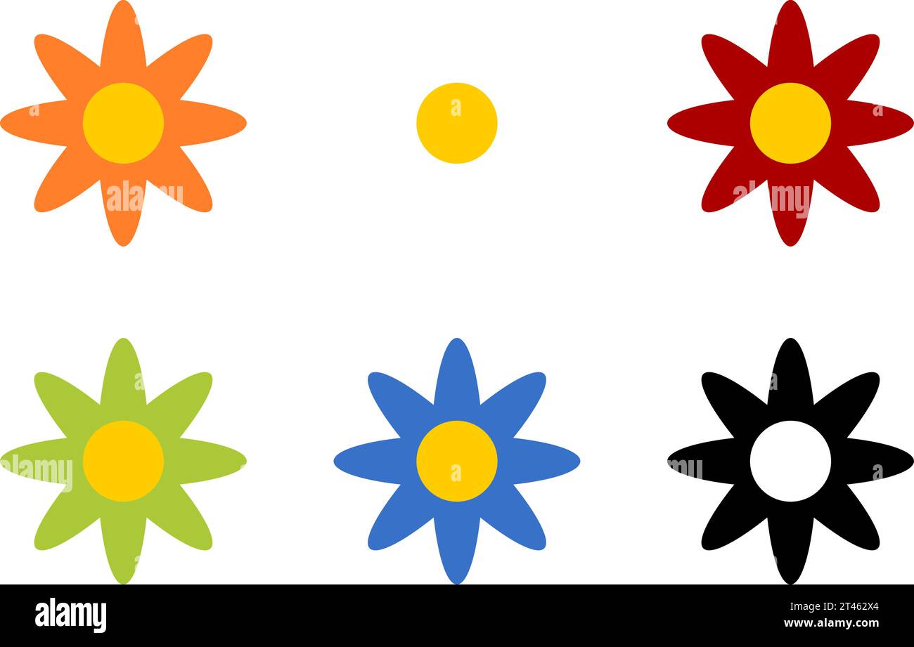 Coloré blanc Rouge Vert Orange jaune Bleu et Noir Daisy Camomille Fleur Symbol. Image vectorielle. Illustration de Vecteur