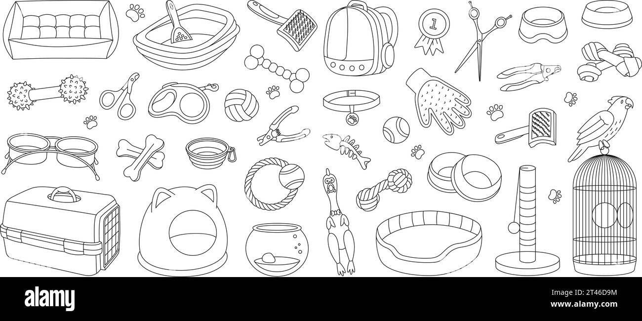 Ensemble de contours de fournitures PET. Accessoires pour animaux. Oreiller de couchage, jouet à mâcher, médaille, ciseaux, coupe-ongles, brosse, enlèvement de fourrure, aquarium, porte-sac à dos Illustration de Vecteur