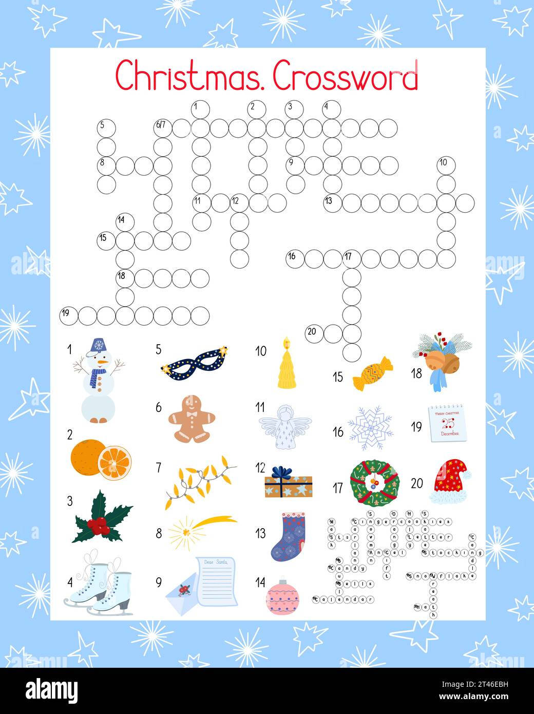 Activités de mots croisés saisonniers de Noël, puzzle de recherche de mots, feuille de calcul imprimable d'illustration vectorielle de vacances d'hiver pour les enfants, éducatifs ou de loisirs Illustration de Vecteur