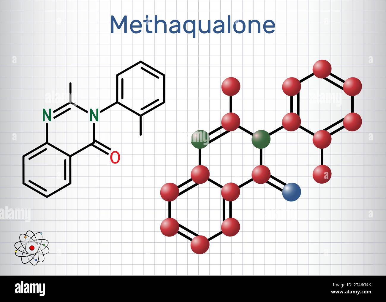 Molécule de méthaqualone. C'est sédatif, médicament hypnotique, utilisé pour traiter l'insomnie. Formule chimique squelettique. Emballage en papier pour médicaments. Illustration vectorielle Illustration de Vecteur