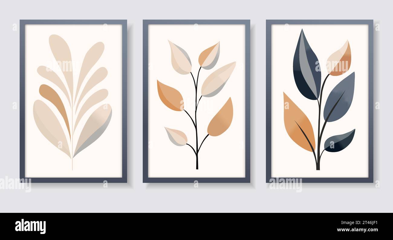 Trois affiches encadrées avec des feuilles abstraites aux couleurs pastel. Illustration vectorielle Illustration de Vecteur