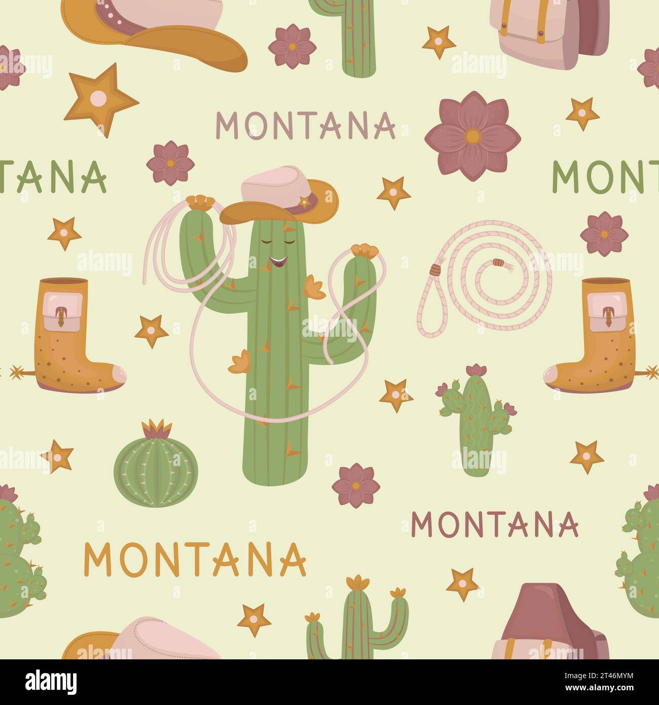 Montana modèle sans couture dans le style Boho, fond de vecteur de couleur avec un cactus-cow-boy Illustration de Vecteur