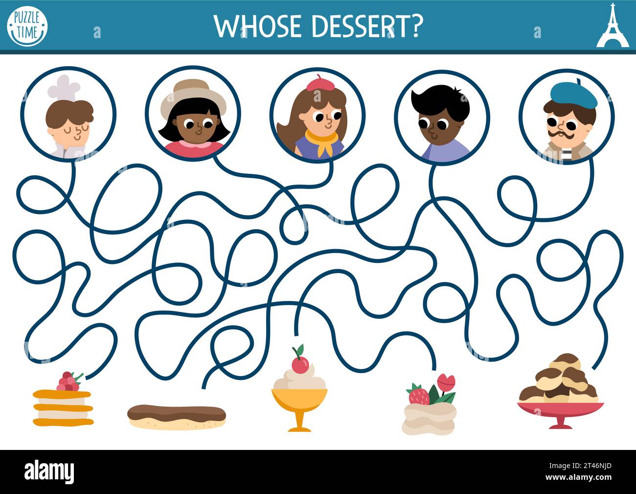 Labyrinthe de France pour les enfants avec des gens et des desserts français traditionnels. Activité imprimable préscolaire. Jeu de labyrinthe ou puzzle avec eclair, mousse, profiter Illustration de Vecteur