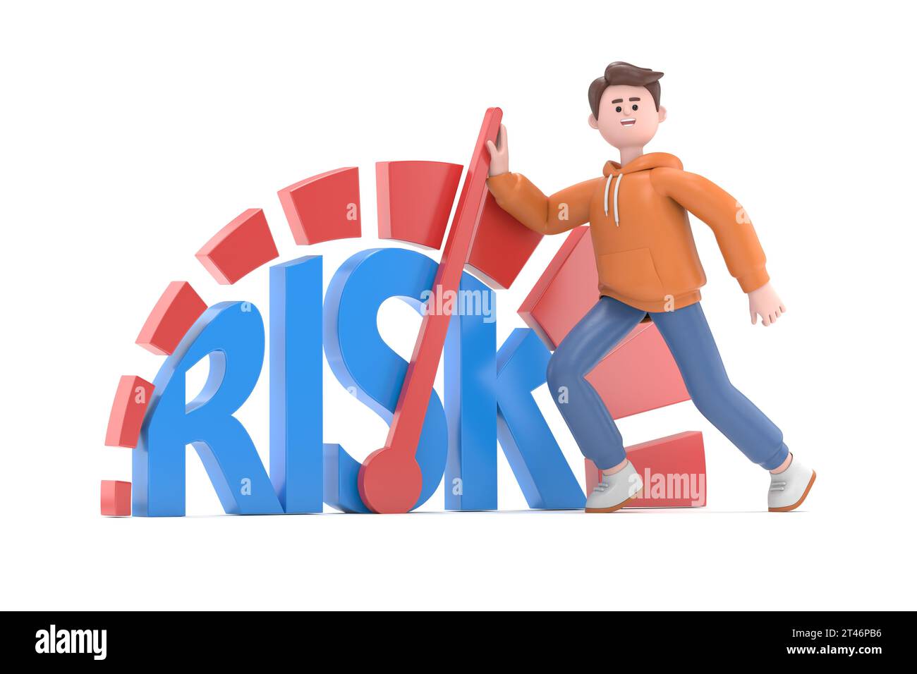 L'illustration 3D du gars masculin Qadir réduit les niveaux de stress. Appuyez sur la flèche de l'instrument. Régulation du stress. Réduire la charge. Rendu 3D sur fond blanc. Banque D'Images