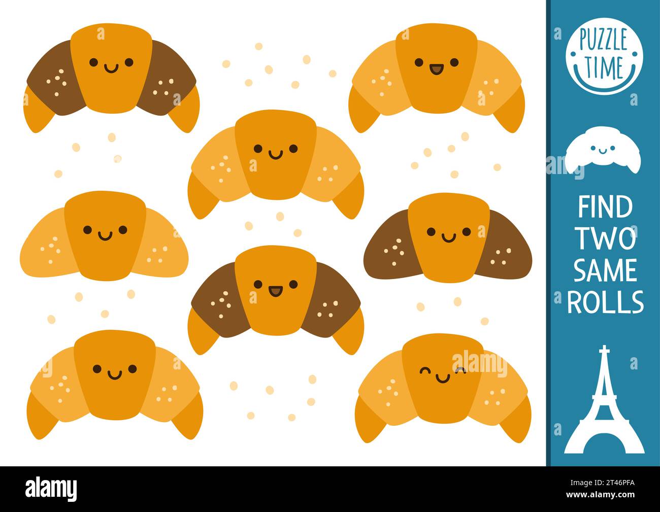 Trouvez deux rouleaux identiques. Activité de pâtisserie traditionnelle française assortie pour les enfants. Fiche de travail de quiz pédagogique pour les enfants sur les compétences d'attention. Simple Illustration de Vecteur