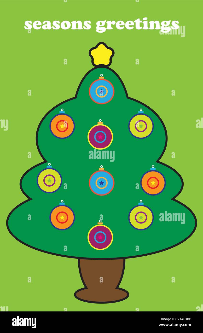 Un sapin de Noël festif orné de boules colorées et d'un surmontoir en étoile se dresse sur un fond vert, avec le texte Seasons Greetings. Illustration de Vecteur