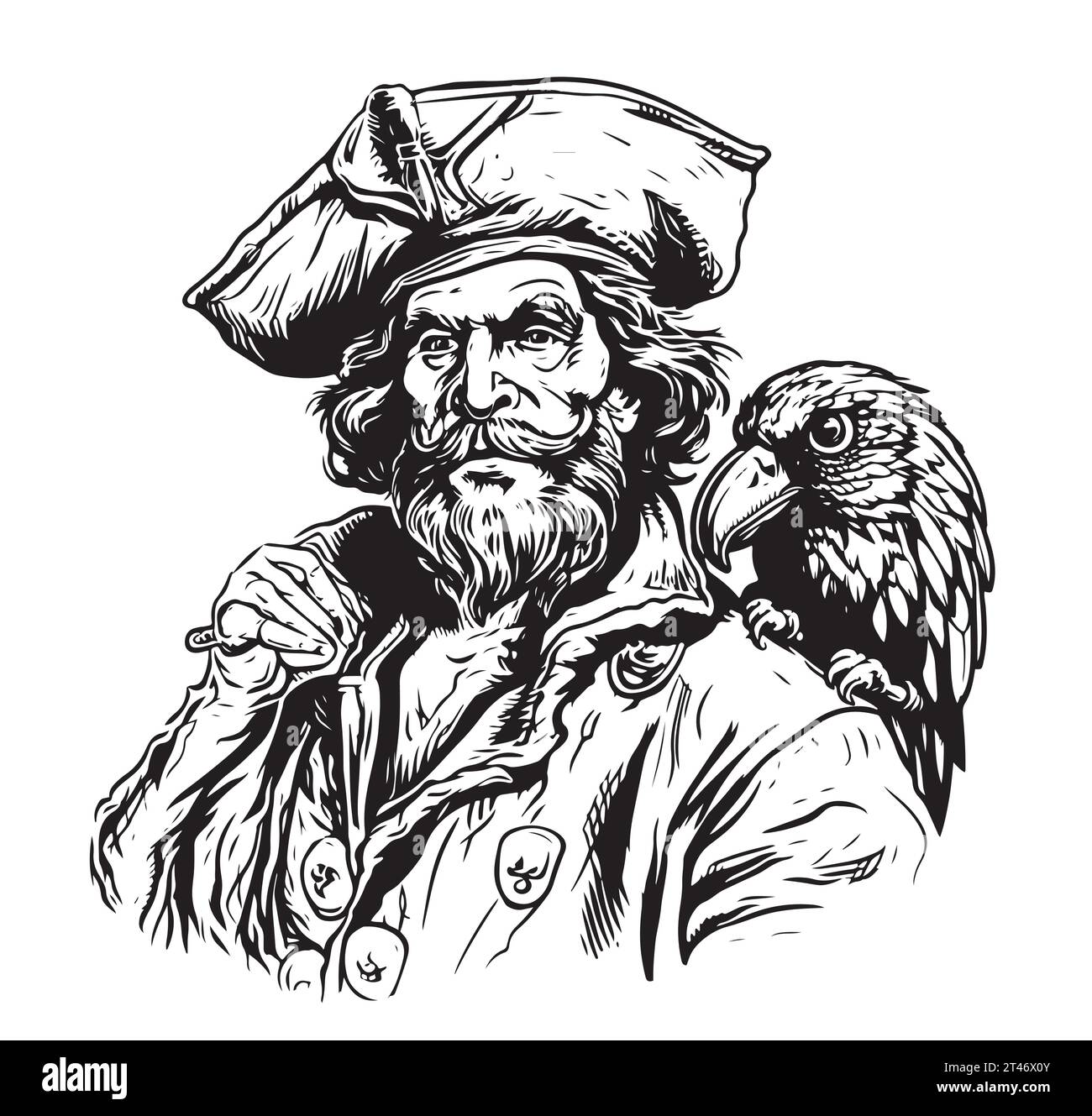 Hommes barbus avec une casquette de pirate sur sa tête, fond vectoriel Sketch dessiné à la main. Illustration de Vecteur