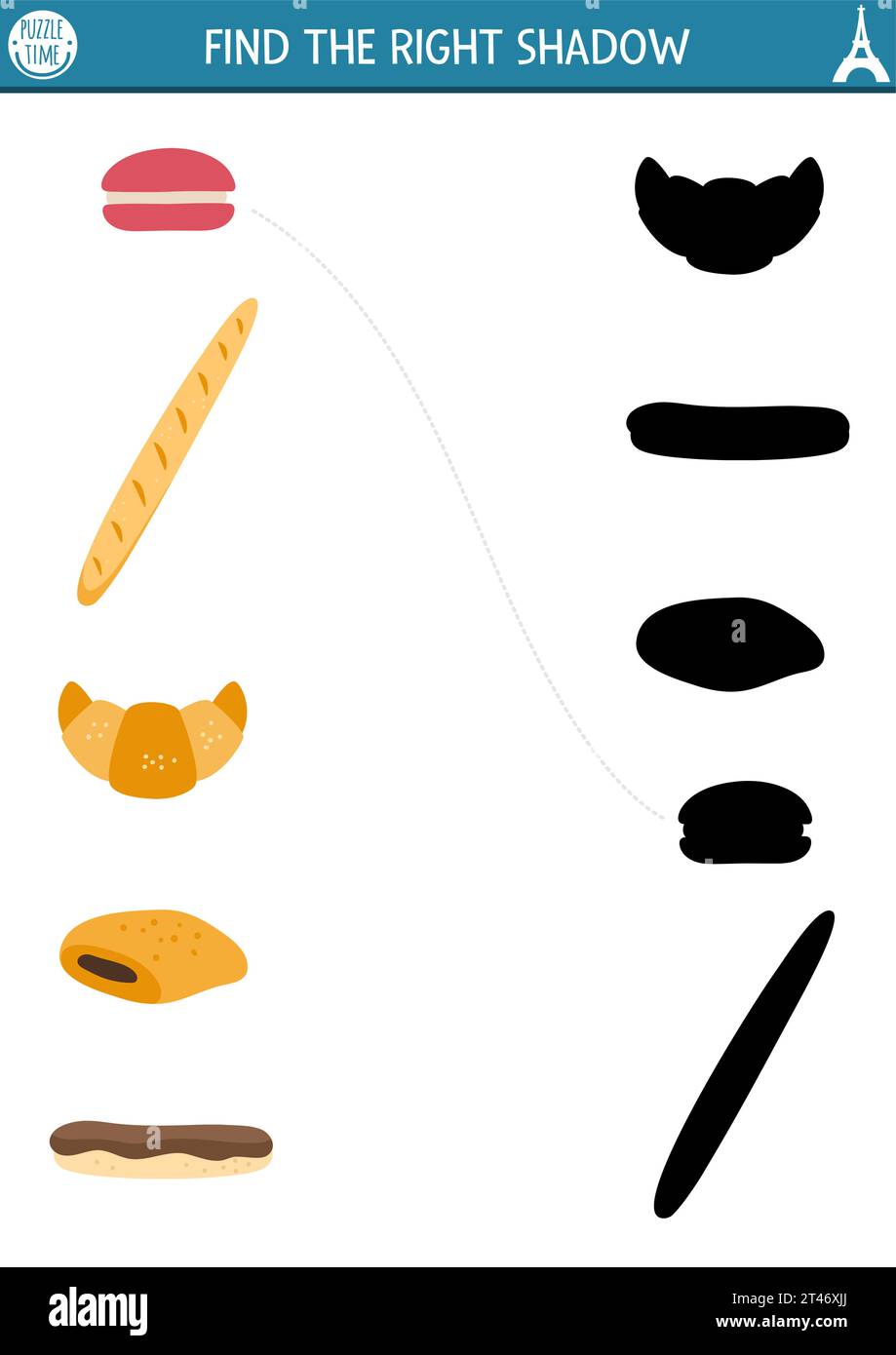 France Shadow Matching activité. Puzzle avec pâtisserie française traditionnelle. Trouvez la feuille de calcul imprimable de silhouette correcte. Page drôle pour les enfants avec baguette Illustration de Vecteur