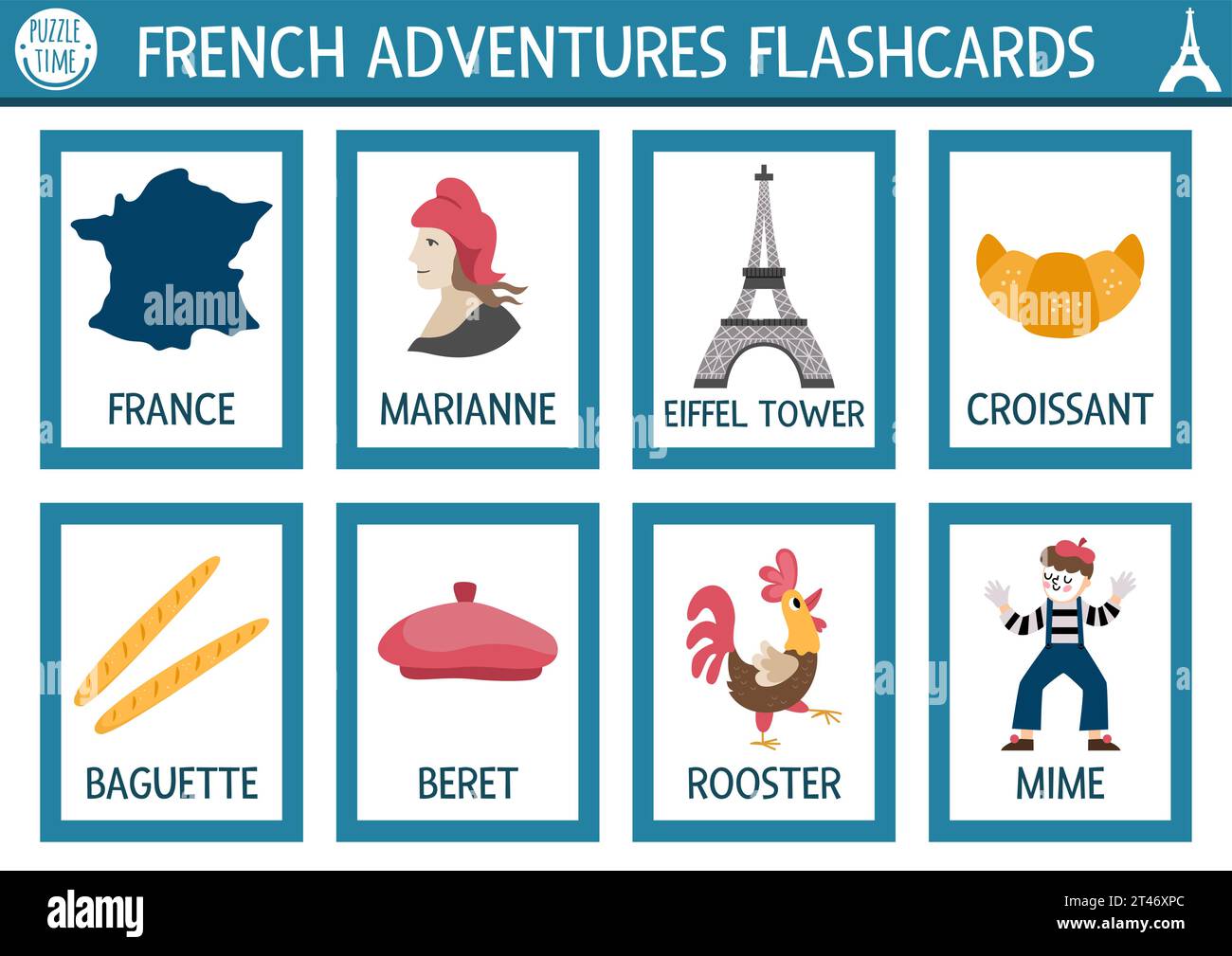 Jeu de cartes flash françaises vectorielles. Jeu de langue anglaise avec jolie Tour Eiffel, croissant, baguette pour les enfants. Flashcards avec des symboles traditionnels de Fran Illustration de Vecteur