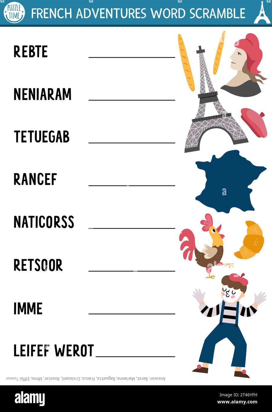 Page d'activité Vector French Word Scramble. Jeu de langue anglaise avec Tour Eiffel, croissant, baguette pour les enfants. Quiz familial avec symboles traditionnels Illustration de Vecteur