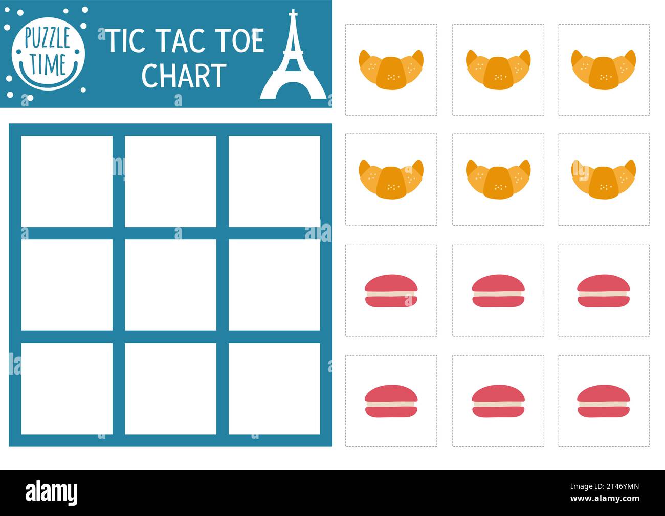 Vector France TIC tac toe graphique avec dessert traditionnel. Terrain de jeu de table. Feuille de travail imprimable en français drôle. Grille noughts et croix avec cu Illustration de Vecteur
