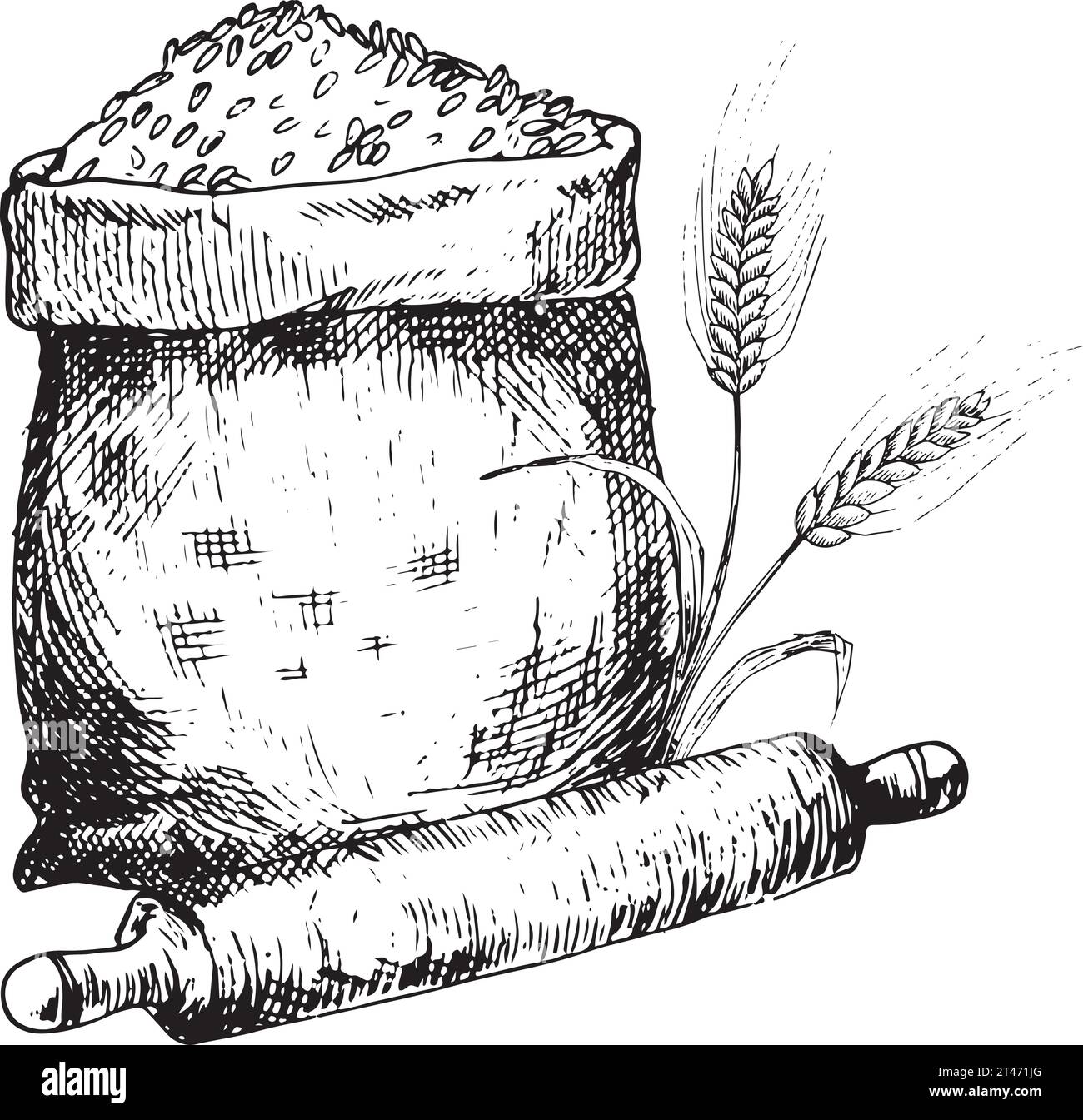 Illustration graphique vectorielle de sac de blé avec des épis de blé et rouleau à pâtisserie. Croquis noir et blanc sur fond blanc. Convient pour logo Illustration de Vecteur