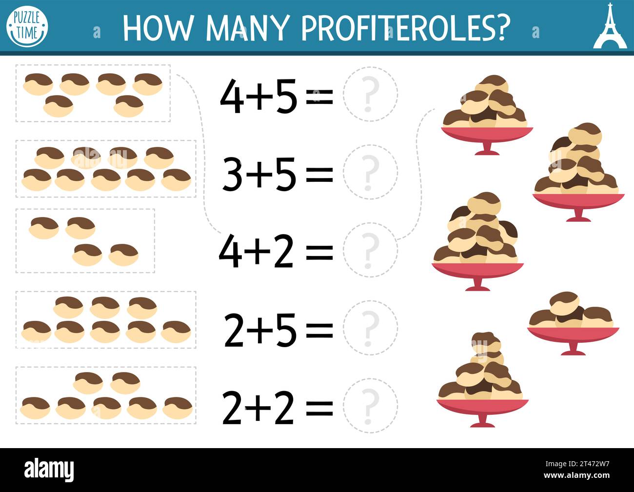 Combien de profiteroles jeu. Activité d'addition mathématique de dessert traditionnel français pour les enfants d'âge préscolaire. Feuille de calcul de comptage imprimable simple France pour k Illustration de Vecteur