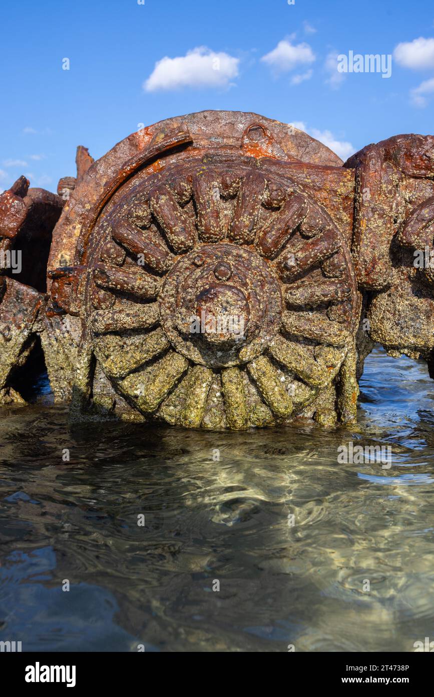 Zichron Yaakov Israël 07 septembre 2023 ; vieille roue d'un navire naufragé à la plage de Dor Habonim - l'une des 10 plus belles plages du nord d'Israël Banque D'Images