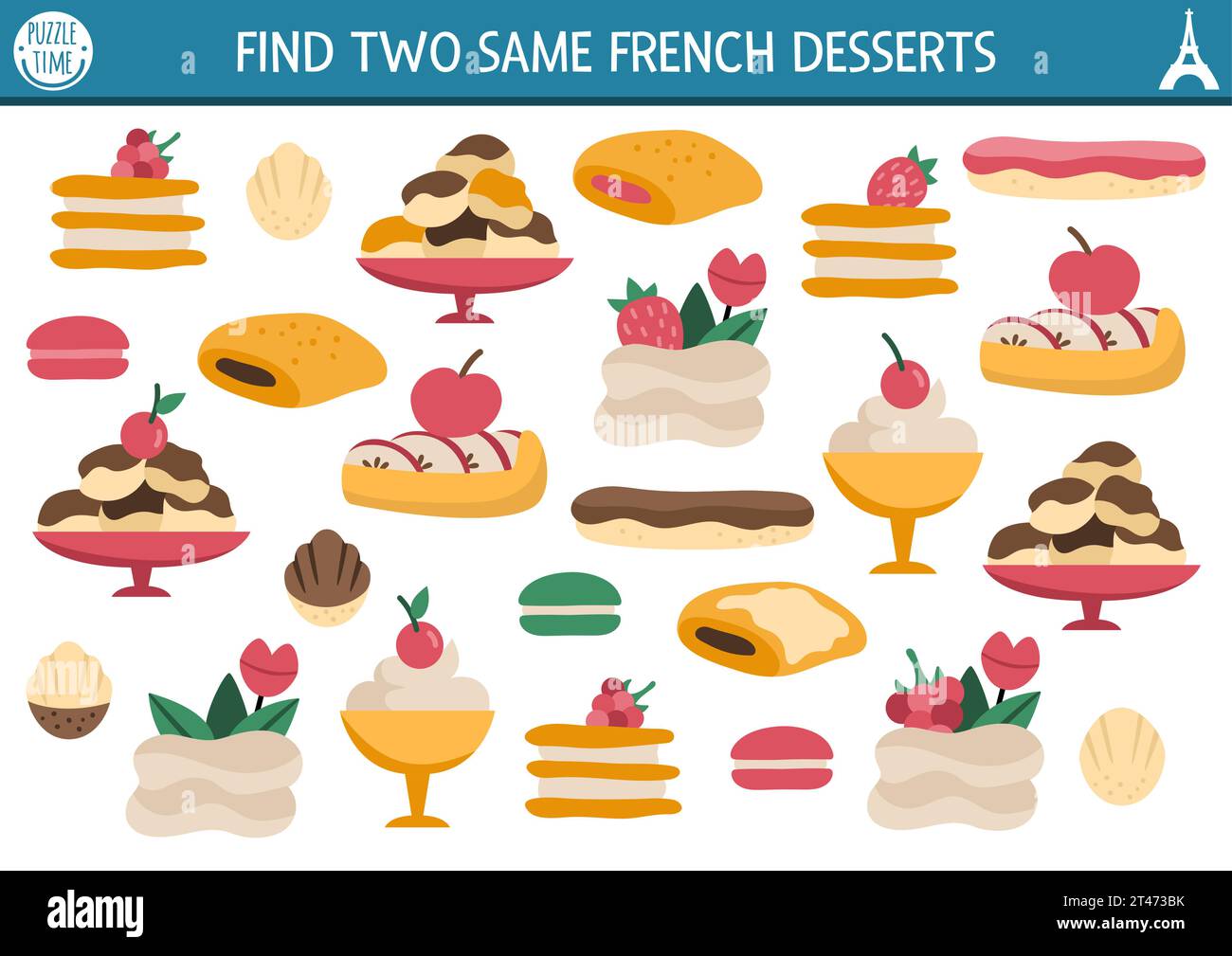 Trouvez deux mêmes desserts français. Activité de pâtisserie traditionnelle assortie pour les enfants. Fiche de travail de quiz pédagogique pour les enfants sur les compétences d'attention. SIM Illustration de Vecteur