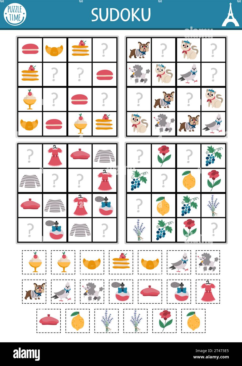 Puzzle de sudoku Vector France pour les enfants avec des images. Quiz français simple avec des éléments couper et coller. Activité éducative ou coloriage avec macaron, Illustration de Vecteur
