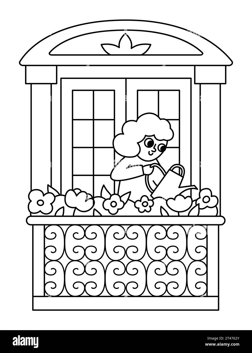 Fille noire et blanche arrosant des fleurs sur le balcon français. Illustration de ligne vectorielle de femme. Icône de personnage mignon ou page à colorier Illustration de Vecteur