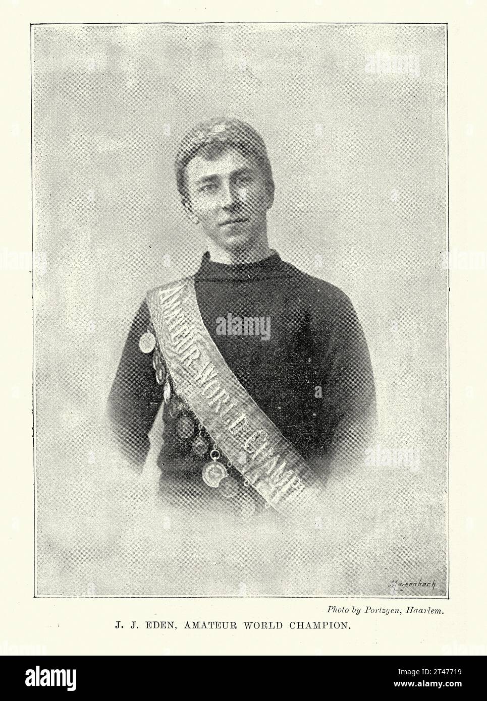 Illustration vintage d'après une photographie de Jaap Eden, champion du monde de patinage de vitesse, années 1890 19e siècle Banque D'Images