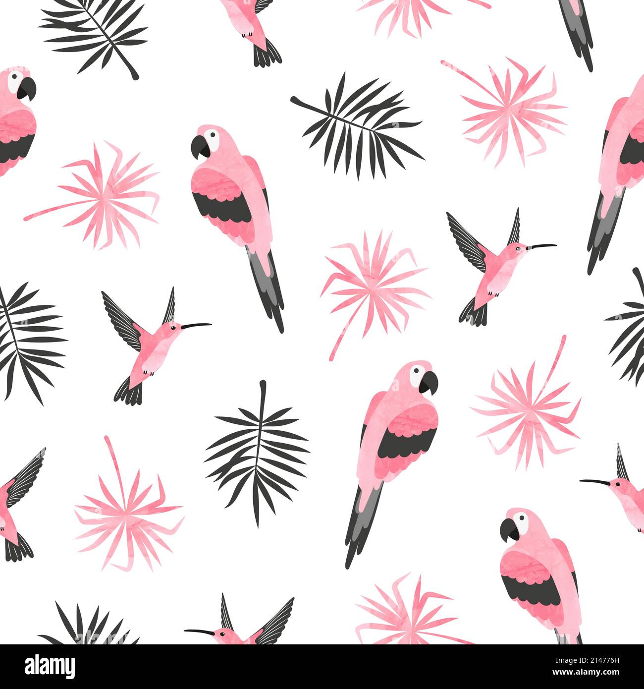 Motif tropical sans couture avec des oiseaux aquarelles et des feuilles de palmier. Illustration vectorielle de perroquets et de colibris Illustration de Vecteur