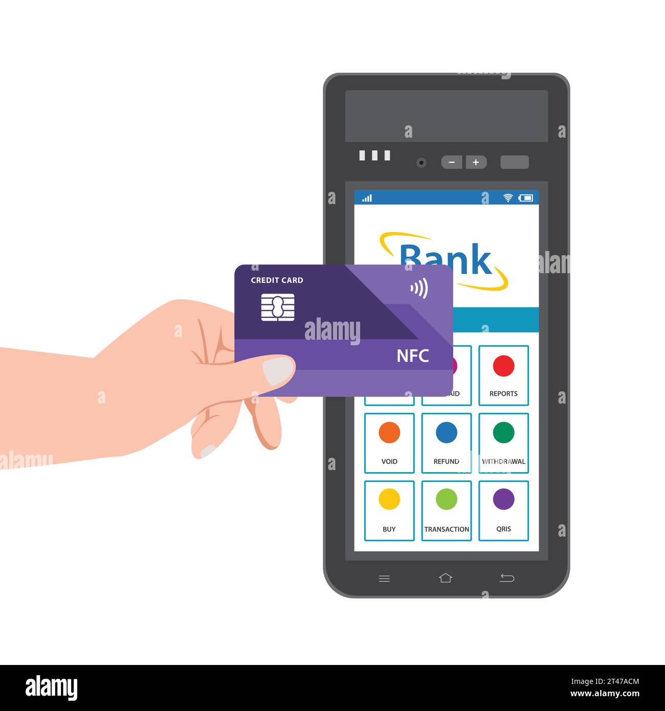Main de paiement sans contact tenant une carte de crédit près d'un terminal Illustration de Vecteur