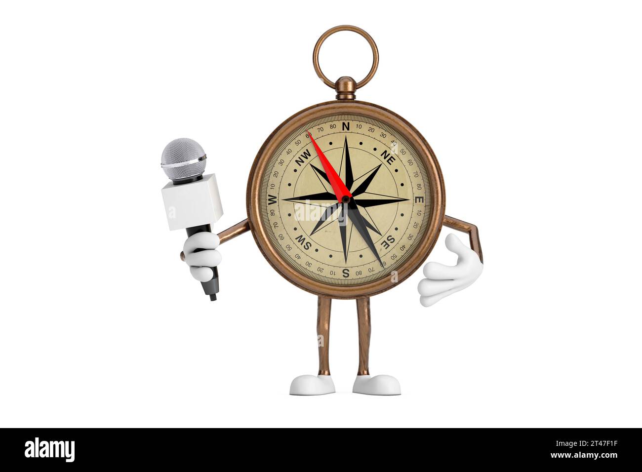 Antique Vintage Brass Compass Cartoon Person Character Mascot avec microphone chromé moderne sur un fond blanc. Rendu 3D. Banque D'Images