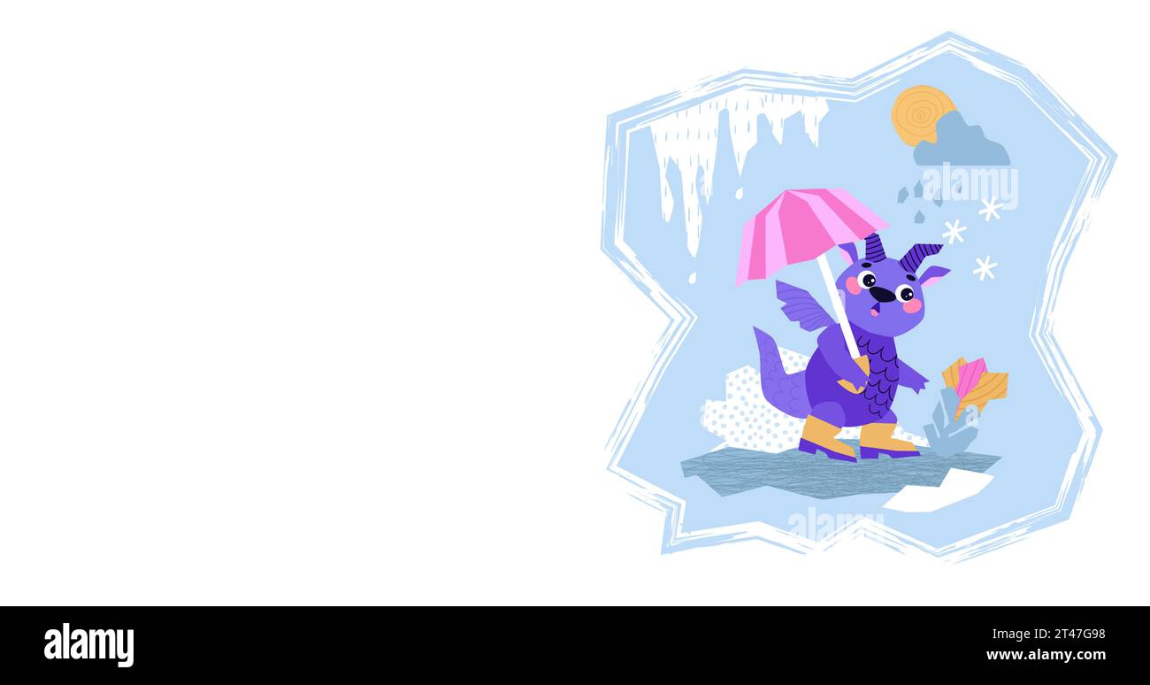 Mignon personnage de mascotte de dessin animé Dragon. Bonne année du Dragon. Le dragon se cache de la pluie sous le parapluie et regarde les fleurs. Illustration de Vecteur