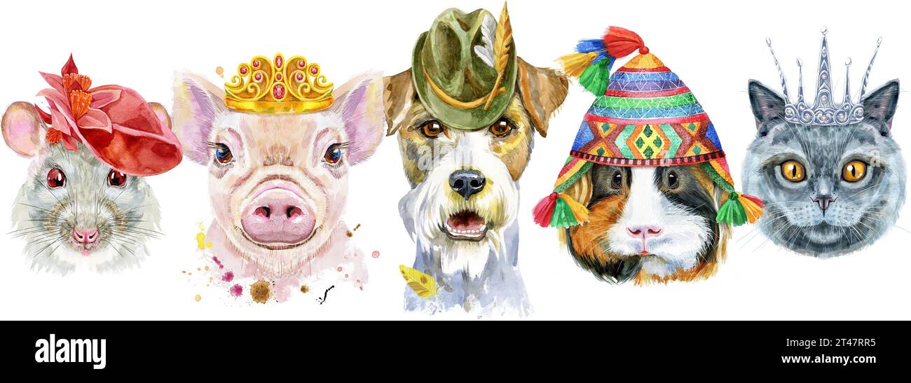 Bordure pour animaux de compagnie. Dessin aquarelle peint à la main, isoler clip art sur fond blanc. Conception de bannière Banque D'Images