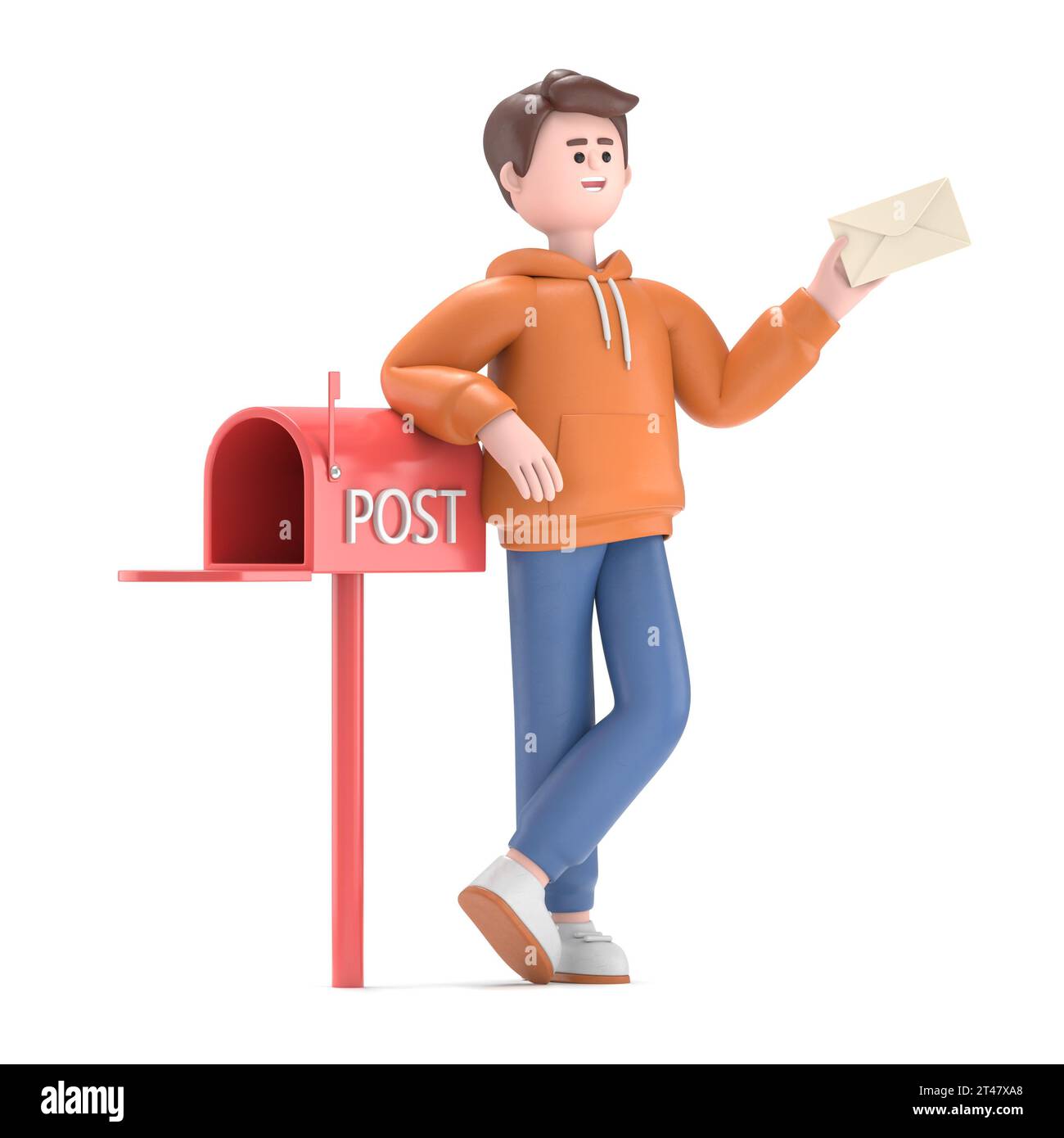 Illustration 3D du gars masculin Qadir a reçu une lettre importante. Debout à proximité de la boîte aux lettres et tenant une enveloppe. Rendu 3D sur fond blanc. Banque D'Images