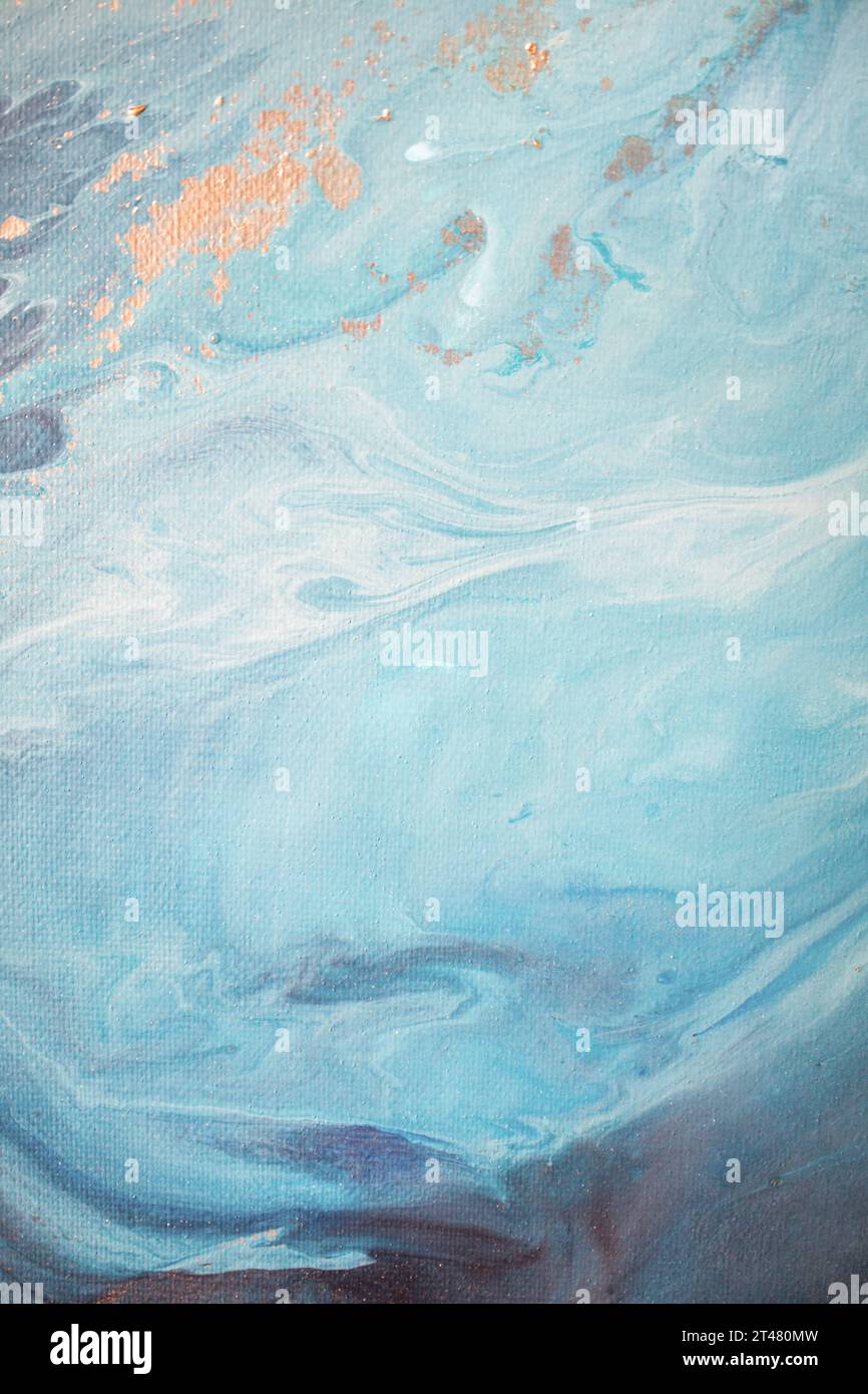 Peinture acrylique fluide abstraite. Fond abstrait bleu marbré. Banque D'Images